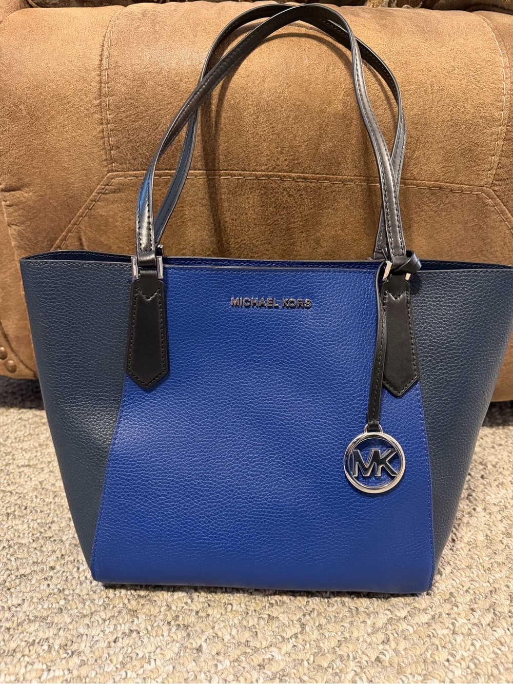 Michael Kors Blue and Navy Pebbled Leather Tote with Black Straps